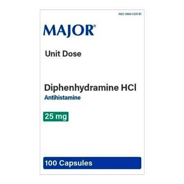 Major Pharmaceuticals Allergy Relief Diphenhydramine HCl 25 mg Strength, 100 Capsules per Blister Pack, Bottle of 1 00904723761 MAJOR PHARMACEUTICALS 1224644_BX