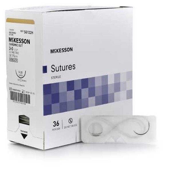 Absorbable Suture with Needle McKesson Chromic Gut V-20 1/2 Circle Taper Point Needle Size 3 - 0 SG122H Box of 1 SG122H McKesson 1034499_BX