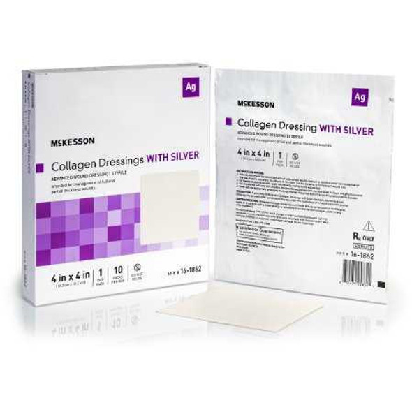 Silver Collagen Dressing McKesson 4 x 4 Inch Square Sterile 16-1862 Box of 10 16-1862 McKesson 1172342_BX