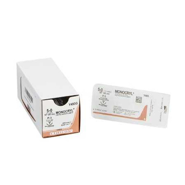 Absorbable Suture with Needle Monocryl™ Poliglecaprone P-3 3/8 Circle Precision Reverse Cutting Needle Size 5 - 0 Monofilament Y493G Box of 12 Y493G Monocryl™ 217157_BX