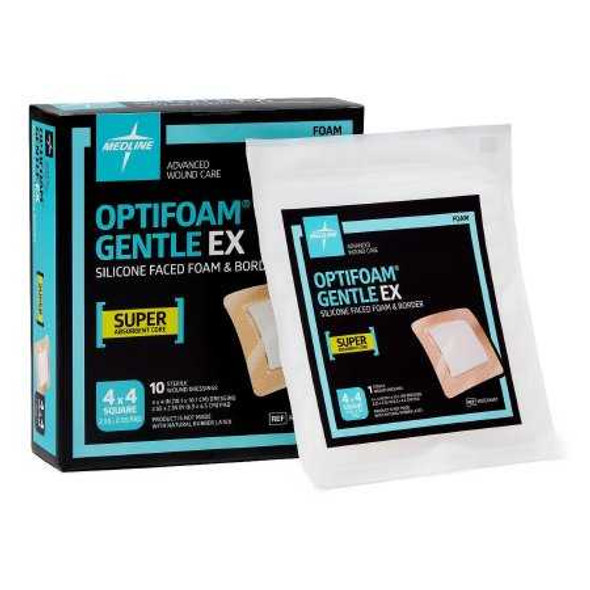 Foam Dressing Optifoam® Gentle EX 4 x 4 Inch With Border Waterproof Backing Silicone Face and Border Square Sterile MSCEX44EP Case of 100 MSCEX44EP Optifoam® Gentle EX 1227634_CS