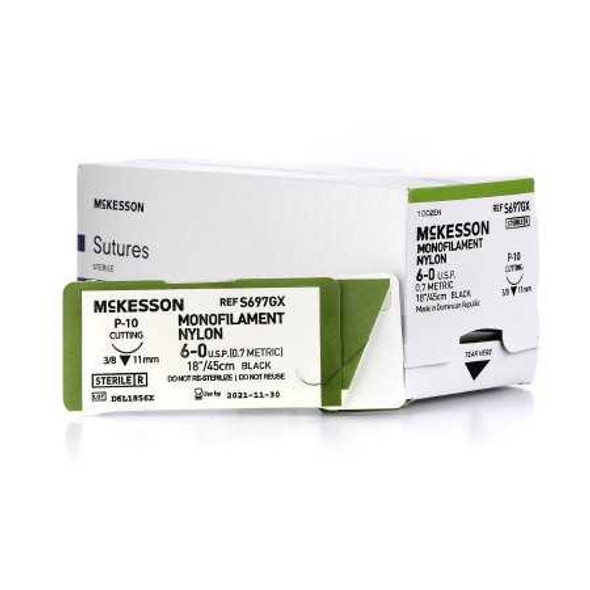 Nonabsorbable Suture with Needle McKesson Nylon P-10 3/8 Circle Precision Reverse Cutting Needle Size 6 - 0 Monofilament S697GX Box of 1 S697GX McKesson 1034510_BX