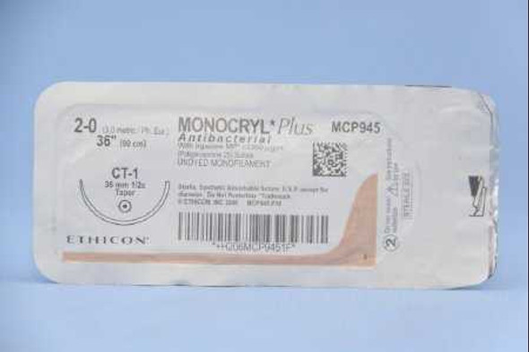 Absorbable Antibacterial Suture with Needle Monocryl™ Plus Poliglecaprone 25 with Irgacare MP Antibacterial Suture CT-1 1/2 Circle Taper Point Needle Size 2 - 0 MCP945H Box of 1 MCP945H Monocryl™ Plus 550715_BX