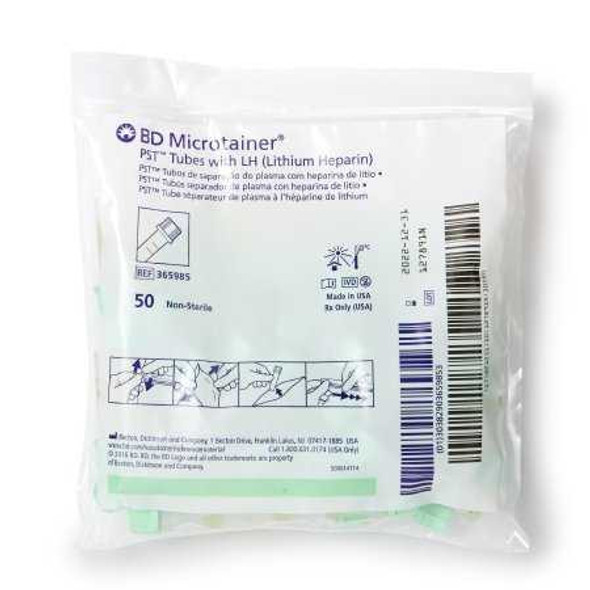 BD Microtainer® Capillary Blood Collection Tube Lithium Heparin / Separator Gel Additive 400 µL to 600 µL BD Microgard™ Closure Plastic Tube 365985 Box of 50 365985 BD Microtainer® 440508_BX