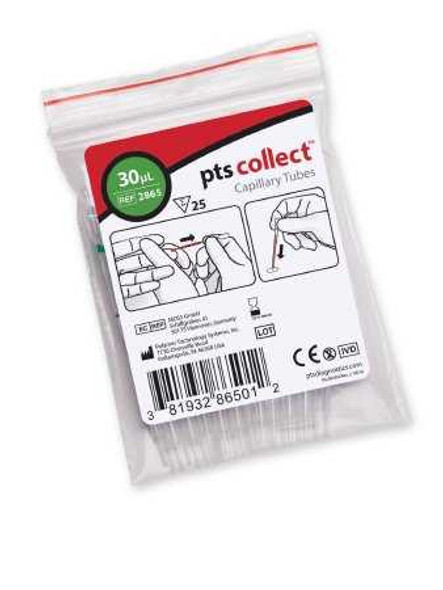PTS Diagnostics Capillary Blood Collection Tube Plain 30 µL Without Closure Glass Tube 2865 Bag of 25 2865 PTS Diagnostics 957813_BG
