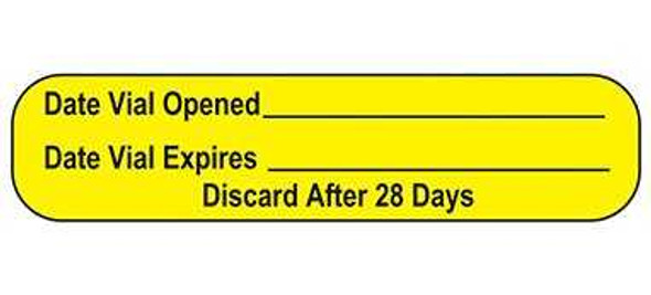 Pre-Printed / Write On Label Indeed Advisory Label Yellow Paper Date Vial Opened_____Date Vial Expires____ Discard After 28 Days Black Quality Control Label 3/8 x 1-5/8 Inch 18619 Box of 1000 18619 Indeed 896258_BX