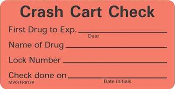 Pre-Printed Label Barkley® Advisory Label Red Crash Cart Check First Drug To Exp Name Of Drug Lock Number Check Done On Black 1-1/2 x 2-15/16 Inch MV07FR8129 Roll of 1 MV07FR8129 Barkley® 527511_RL