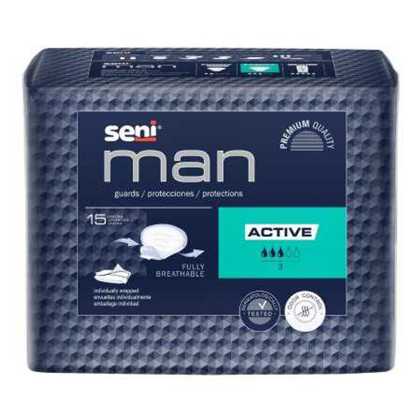 Bladder Control Pad Seni® Man Active 8-9/10 x 10-3/5 Inch Moderate Absorbency Superabsorbant Core One Size S-A015-US1 Pack of 15 S-A015-US1 Seni® Man Active 1231330_PK