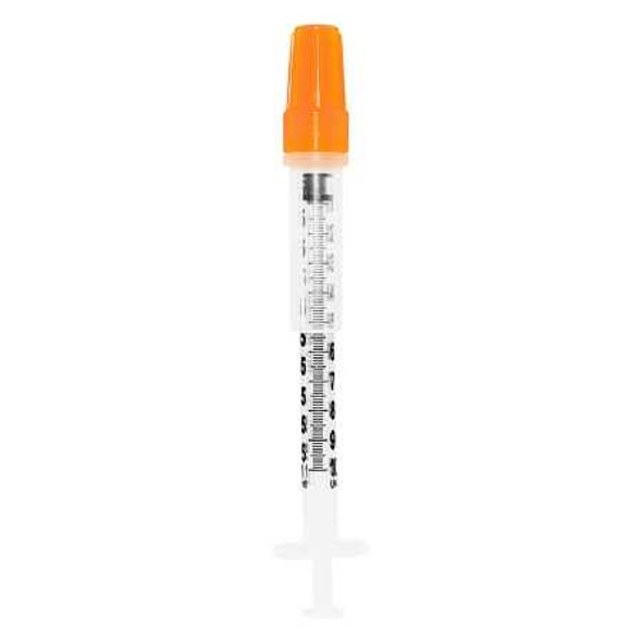 Safety Insulin Syringe with Needle SOL-GUARD™ 1 mL 1/2 Inch 29 Gauge Sliding Safety Needle Regular Wall 200017SG Box of 100 200017SG SOL-GUARD™ 1074708_BX