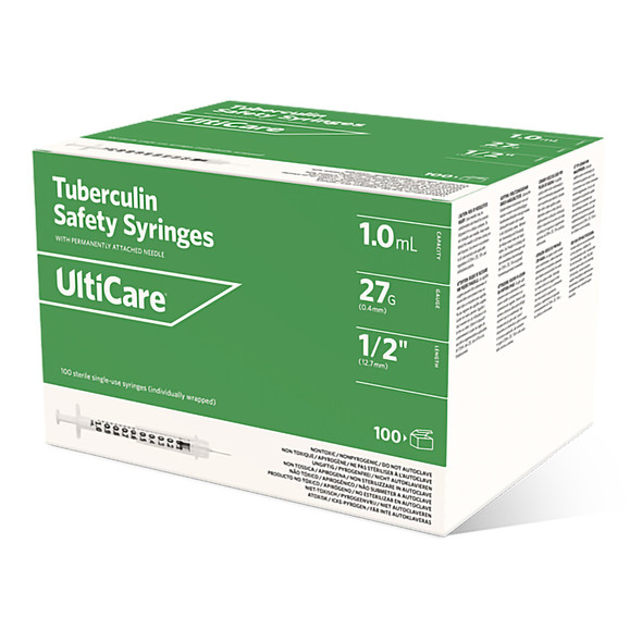 Safety Tuberculin Syringe with Needle UltiCare‚ 1 mL 1/2 Inch 27 Gauge Sliding Safety Needle Regular Wall 63001 Case of 500