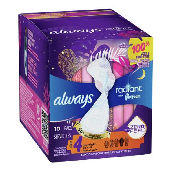 Feminine Pad Always® Radiant with FlexFoam Overnight / With Wings Heavy Absorbency 03700081811 Box/10