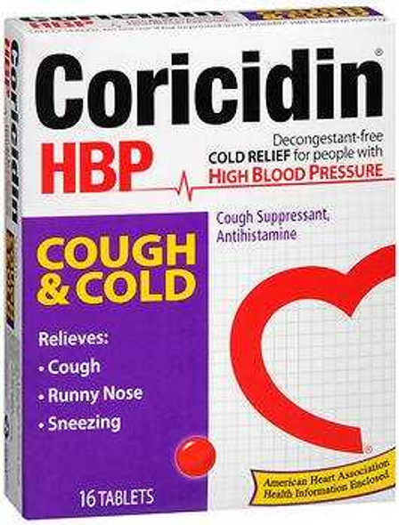Cold and Cough Relief Coricidin® HBP 4 mg - 30 mg Strength Tablet 16 per Box 04110081138 Carton of 16 04110081138 Coricidin® HBP 1005880_CT