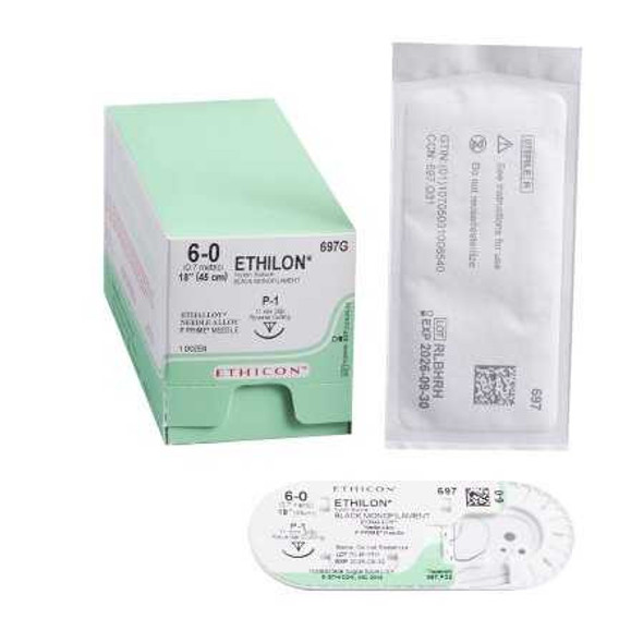 Nonabsorbable Suture with Needle Ethilon™ Nylon P-1 3/8 Circle Precision Reverse Cutting Needle Size 6 - 0 Monofilament 697G Box of 12 697G Ethilon™ 2683_BX