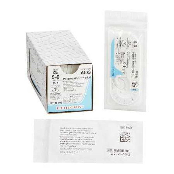 Nonabsorbable Suture with Needle Perma-Hand™ Silk P-3 3/8 Circle Precision Reverse Cutting Needle Size 5 - 0 Braided 640G Box of 1 640G Perma-Hand™ 476632_BX