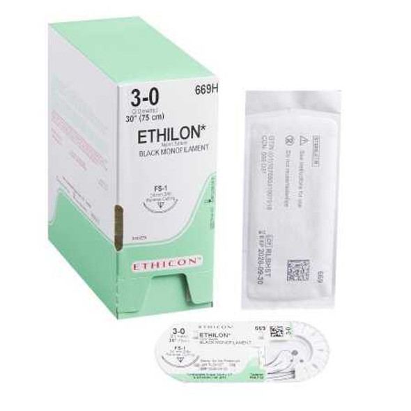 Nonabsorbable Suture with Needle Ethilon™ Nylon FS-1 3/8 Circle Reverse Cutting Needle Size 3 - 0 Monofilament 669H Box of 36 669H Ethilon™ 2623_BX