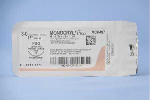 Absorbable Antibacterial Suture with Needle Monocryl™ Plus Poliglecaprone 25 with Irgacare MP Antibacterial Suture PS-2 3/8 Circle Precision Reverse Cutting Needle Size 3 - 0 MCP497G Box of 1 MCP497G Monocryl™ Plus 547515_BX