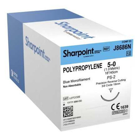 Nonabsorbable Suture with Needle Surgical Specialties™ Polypropylene 3/8 Circle Precision Reverse Cutting Needle Size 5 - 0 Monofilament J8686N Box of 1 J8686N Surgical Specialties™ 883166_BX