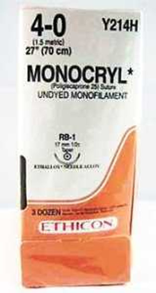 Absorbable Suture with Needle Monocryl™ Poliglecaprone RB-1 1/2 Circle Taper Point Needle Size 4 - 0 Monofilament Y214H Box of 36 Y214H Monocryl™ 224584_BX