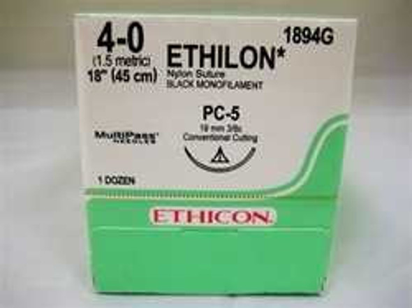Nonabsorbable Suture with Needle Ethilon™ Nylon PC-5 3/8 Circle Precision Conventional Cutting Needle Size 4 - 0 Monofilament 1894G Box of 12 1894G Ethilon™ 123770_BX