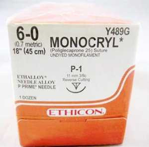 Absorbable Suture with Needle Monocryl™ Poliglecaprone P-1 3/8 Circle Precision Reverse Cutting Needle Size 6 - 0 Monofilament Y489G Box of 12 Y489G Monocryl™ 299935_BX