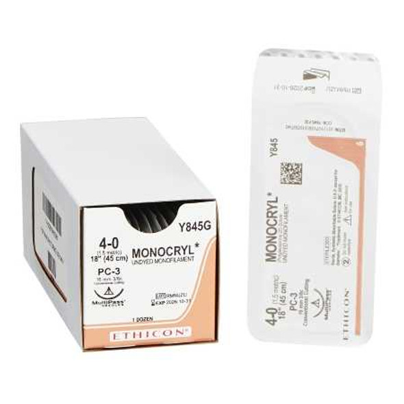 Absorbable Suture with Needle Monocryl™ Poliglecaprone PC-3 3/8 Circle Precision Conventional Cutting Needle Size 4 - 0 Monofilament Y845G Box of 12 Y845G Monocryl™ 227218_BX