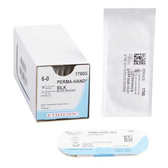 Nonabsorbable Suture with Needle Perma-Hand™ Silk S-14 1/4 Circle Spatula Needle Size 6 - 0 Braided 1780G Box of 12 1780G Perma-Hand™ 3063_BX