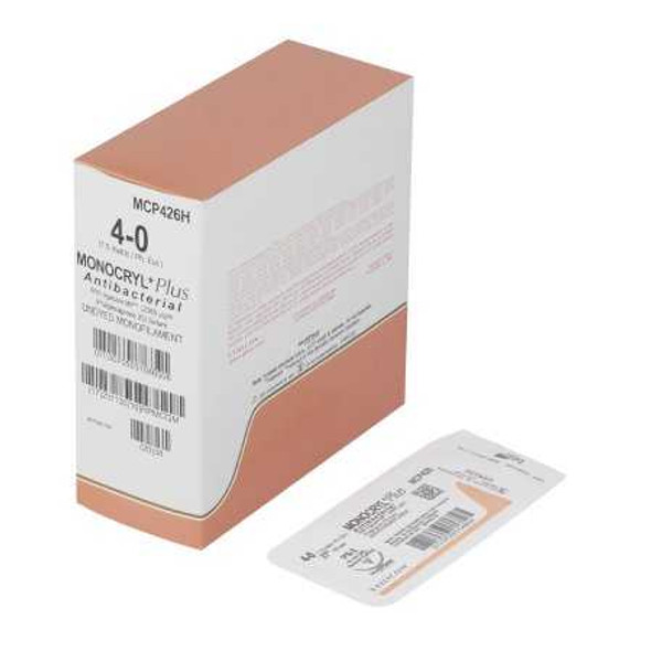 Absorbable Antibacterial Suture with Needle Monocryl™ Plus Poliglecaprone 25 with Irgacare MP Antibacterial Suture PS-2 3/8 Circle Precision Reverse Cutting Needle Size 4 - 0 MCP426H Box of 1 MCP426H Monocryl™ Plus 547471_BX
