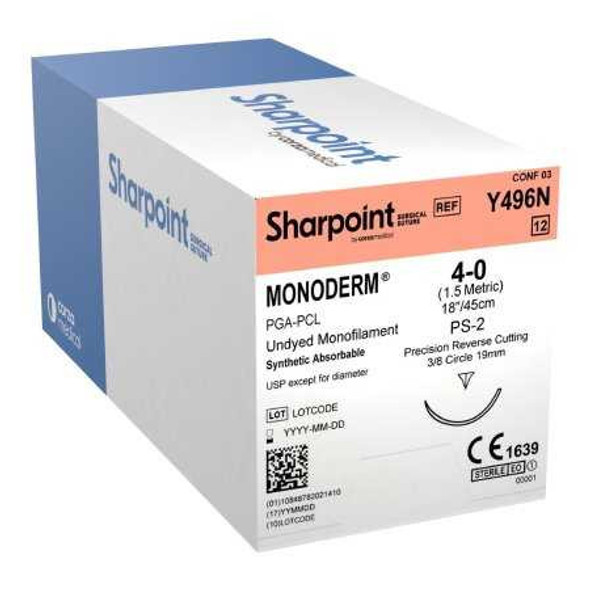 Absorbable Suture with Needle Monoderm™ Polyglycolic Acid DSM19 3/8 Circle Precision Reverse Cutting Needle Size 4 - 0 Monofilament Y496N Box of 1 Y496N Monoderm™ 883177_BX