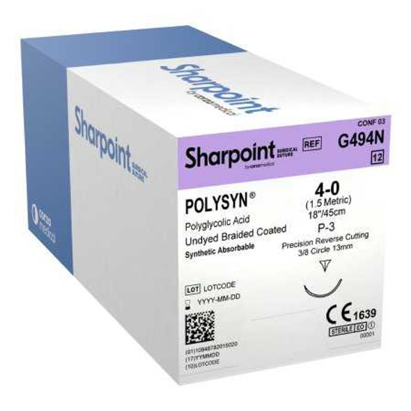 Absorbable Suture with Needle PolySyn™ Polyglycolic Acid DSM13 3/8 Circle Precision Reverse Cutting Needle Size 4 - 0 Braided G494N Box of 1 G494N PolySyn™ 883170_BX