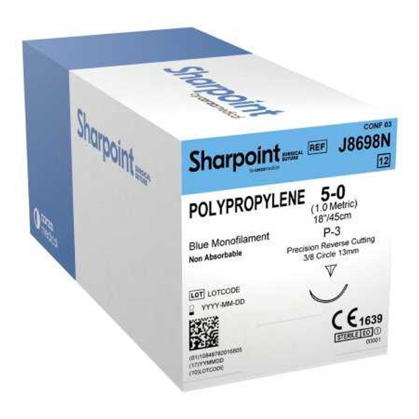 Nonabsorbable Suture with Needle Surgical Specialties™ Polypropylene 3/8 Circle Precision Reverse Cutting Needle Size 5 - 0 Monofilament J8698N Box of 1 J8698N Surgical Specialties™ 883162_BX