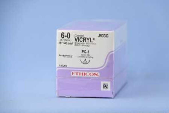 Absorbable Suture with Needle Coated Vicryl™ Polyglactin 910 PC-1 3/8 Circle Precision Conventional Cutting Needle Size 6 - 0 Braided J833G Box of 12 J833G Coated Vicryl™ 124100_BX