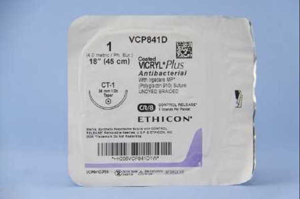 Absorbable Antibacterial Suture with Needle Coated Vicryl™ Plus Polyglactin 910 with Irgacare MP Antibacterial Suture CT-1 1/2 Circle Taper Point Needle Size 1 Braided VCP841D Box of 12 VCP841D Coated Vicryl™ Plus 474375_BX