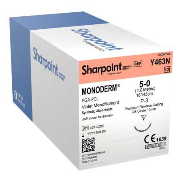 Absorbable Suture with Needle Monoderm™ Polyglycolic Acid 3/8 Circle Precision Reverse Cutting Needle Size 5 - 0 Monofilament Y463N Box of 1 Y463N Monoderm™ 959166_BX