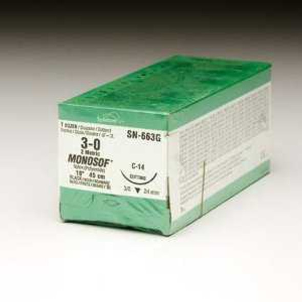 Nonabsorbable Suture with Needle Monosof™~Dermalon™ Nylon C-14 3/8 Circle Reverse Cutting Needle Size 3 - 0 Monofilament SN-663 Box of 36 SN-663 Monosof™~Dermalon™ 220143_BX