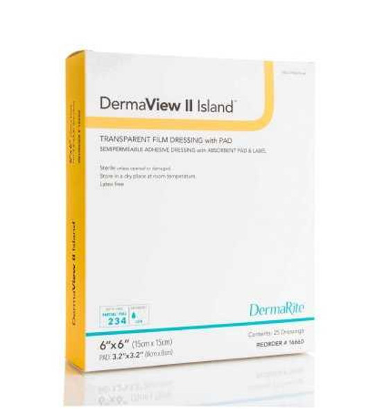 Transparent Film Dressing with Pad DermaView II Island Rectangle 3-1/2 X 4 Inch Frame Style Delivery With Label Sterile 16340 Box/25 16340 DERMARITE INDUSTRIES LLC 946647_BX