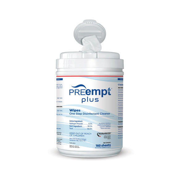 PREempt® Plus Surface Disinfectant Cleaner Premoistened Hydrogen Peroxide Based Manual Pull Wipe 160 Count Canister Unscented NonSterile 2B221 Case of 12