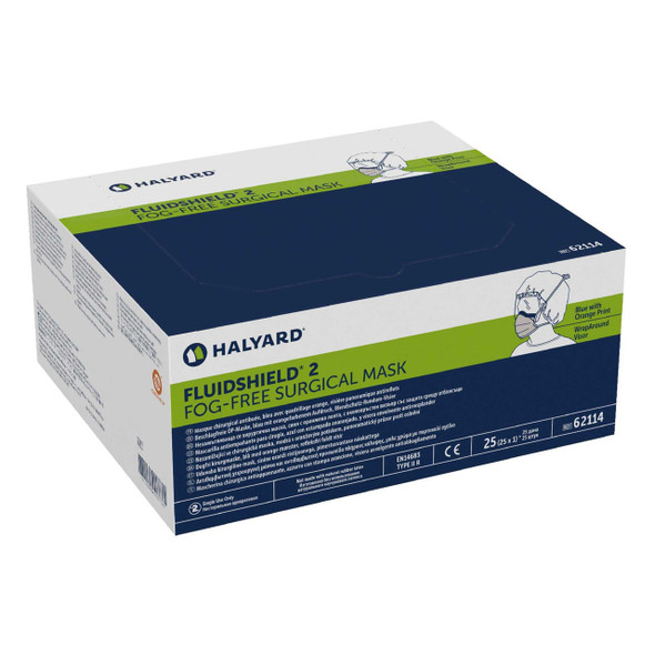 Surgical Mask with Eye Shield FluidShield Pleated Ties One Size Fits Most Blue / Orange 62114 Box/25 62114 HALYARD SALES LLC 199537_BX