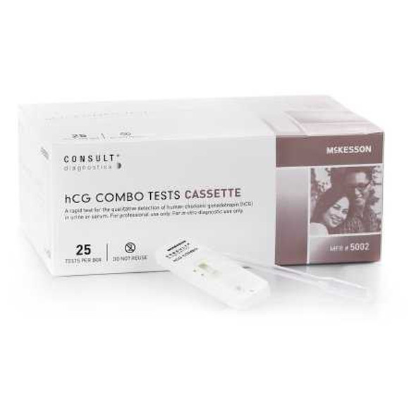 Rapid Diagnostic Test Kit McKesson Consult One-Step hCG Pregnancy Test Urine / Serum Sample CLIA Waived for Urine / CLIA Moderate Complexity for Serum 25 Tests 5002 KT/25 5002 MCK BRAND 951313_KT