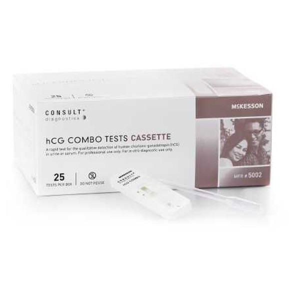 Rapid Diagnostic Test Kit McKesson Consult One-Step hCG Pregnancy Test Urine / Serum Sample CLIA Waived for Urine / CLIA Moderate Complexity for Serum 25 Tests 5002 KT/25 5002 MCK BRAND 951313_KT