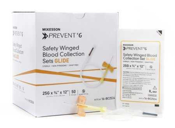 McKesson Prevent® G Blood Collection Set 25 Gauge 3/4 Inch Needle Length Safety Needle 12 Inch Tubing Sterile 16-BC2534 Box of 50 16-BC2534 McKesson Prevent® G 1013025_BX
