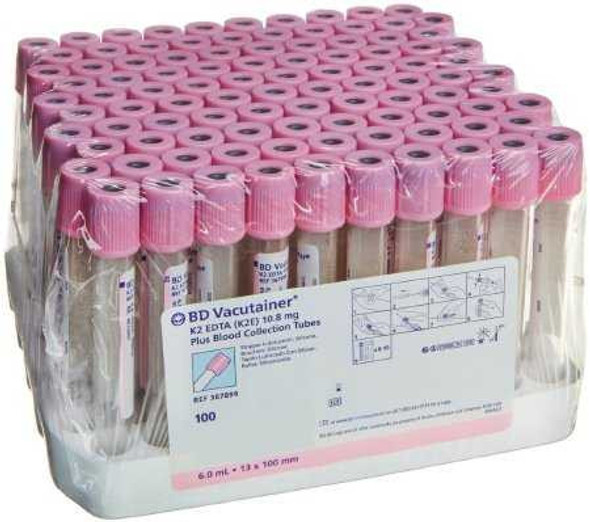 BD Vacutainer Venous Blood Collection Tube Whole Blood K2 EDTA 13 X 100 mm 6 mL Pink BD Hemogard Closure Plastic Tube 367899 Case/1000 367899 BECTON-DICKINSON 388911_CS