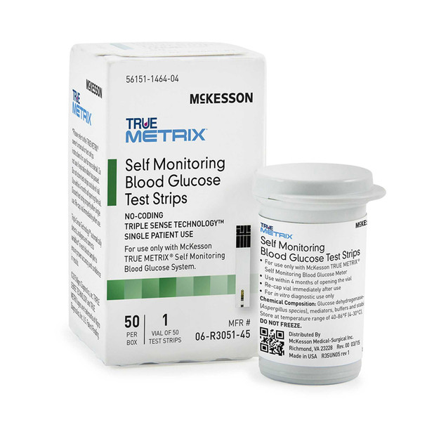 Blood Glucose Test Strips McKesson TRUE METRIX 50 Test Strips Per Box 06-R3051-45 Box/50 06-R3051-45 MCK BRAND 960300_BX