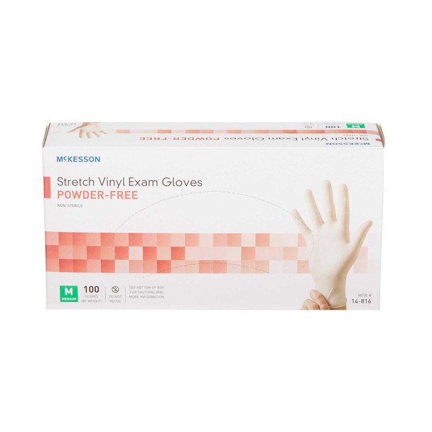 Exam Glove McKesson NonSterile Ivory Powder Free Stretch Vinyl Ambidextrous Smooth Not Chemo Approved Medium 14-816 Box/100 14-816 MCK BRAND 409743_BX