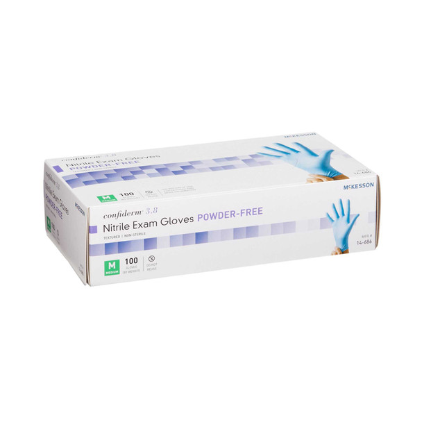 Exam Glove McKesson Confiderm 3.8 NonSterile Blue Powder Free Nitrile Ambidextrous Textured Fingertips Not Chemo Approved Medium 14-686 Box/100 MCK BRAND 921611_BX