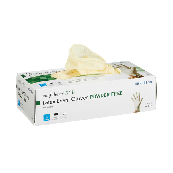 Exam Glove McKesson Confiderm NonSterile Ivory Powder Free Latex Ambidextrous Smooth Not Chemo Approved Large 14-318 Box/100 14-318 McKesson Confiderm 354437_BX