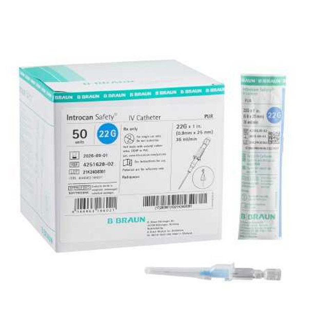 Peripheral IV Catheter Introcan Safety 22 Gauge 1 Inch Sliding Safety Needle 4251628-02 Box/50 4251628-02 B.BRAUN MEDICAL INC. 629751_BX