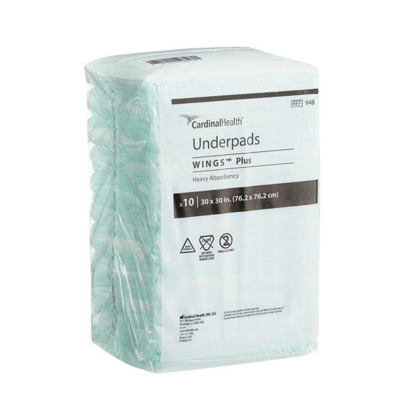 Underpad Wings Plus 30 X 30 Inch Disposable Fluff / Polymer Heavy Absorbency 948 Case/100 948 KENDALL HEALTHCARE PROD INC. 454709_CS