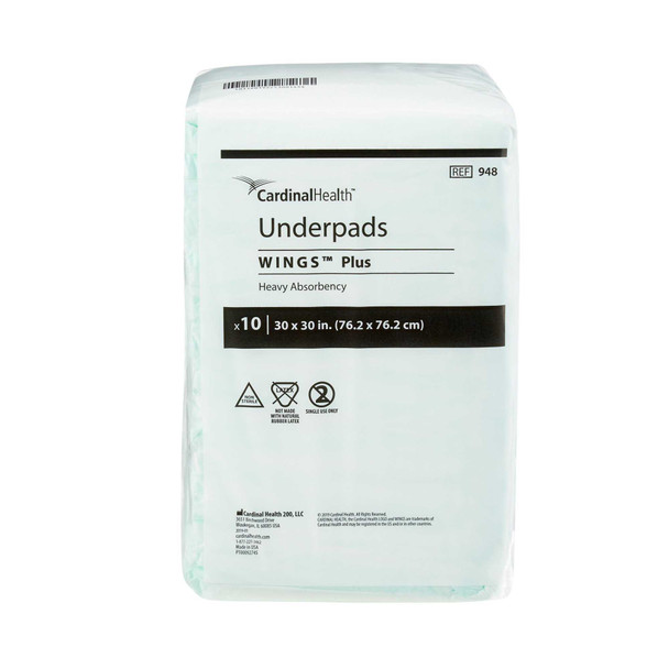 Underpad Wings Plus 30 X 30 Inch Disposable Fluff / Polymer Heavy Absorbency 948 Case/100 948 KENDALL HEALTHCARE PROD INC. 454709_CS