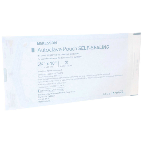 Sterilization Pouch McKesson EO Gas / Steam 5.25 X 10 Inch Transparent Blue / White Self Seal Paper / Film 16-6424 Box/200 16-6424 MCK BRAND 960944_BX