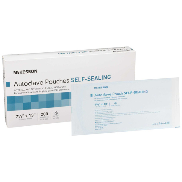 Sterilization Pouch McKesson EO Gas / Steam 7.5 X 13 Inch Transparent Blue / White Self Seal Paper / Film 16-6425 Box/200 16-6425 MCK BRAND 960945_BX